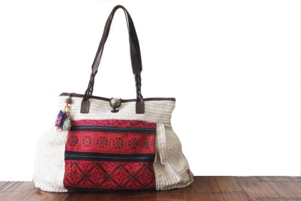 Vintage ethnic canvas and leather bag
